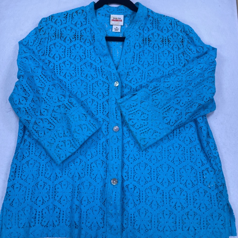 Ruby Rd Fav Womens 14 Blue Floral Lace Button Up Top Mandarin Collar 3/4 Sl